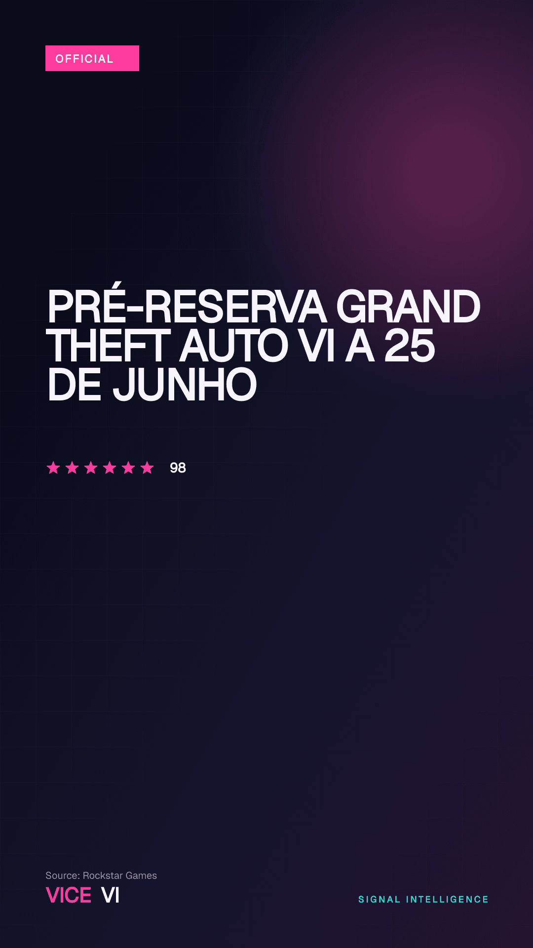 Pré-reserva Grand Theft Auto VI a 25 de junho — visual editorial VICE VI