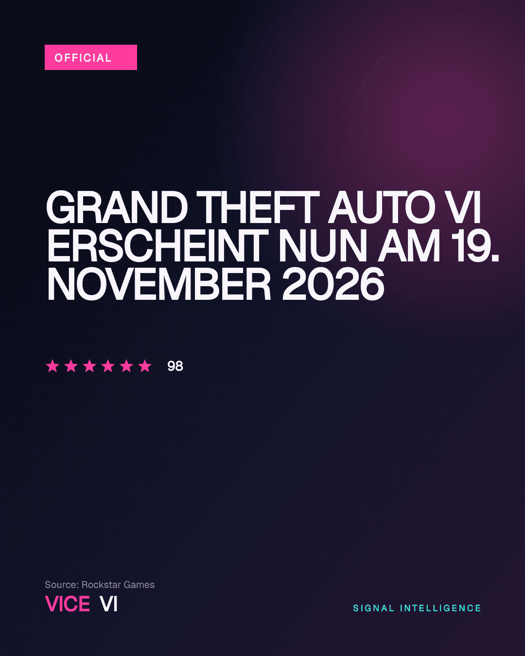 Grand Theft Auto VI erscheint nun am 19. November 2026 — redaktionelles Visual von VICE VI