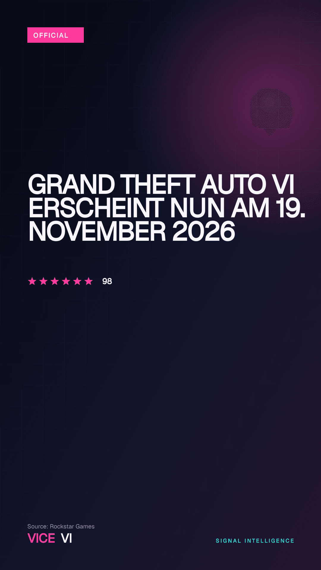 Grand Theft Auto VI erscheint nun am 19. November 2026 — redaktionelles Visual von VICE VI