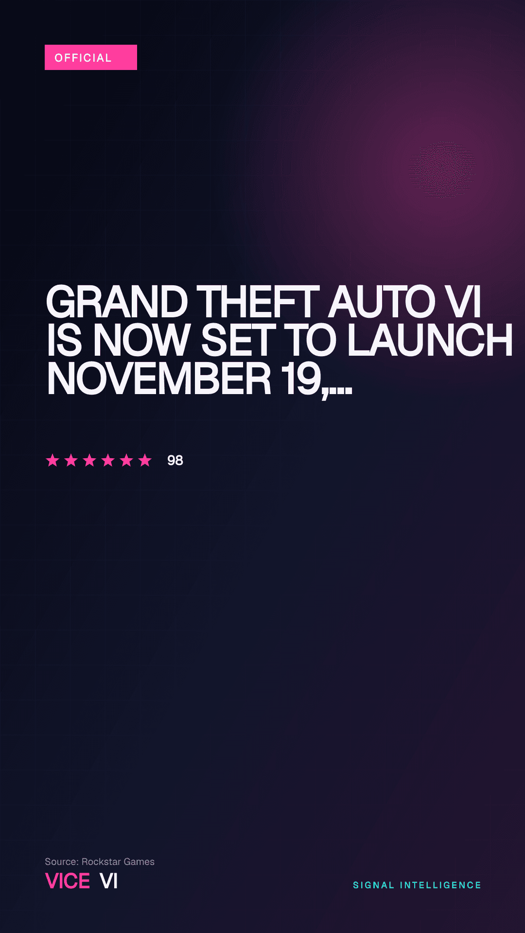 Grand Theft Auto VI is Now Set to Launch November 19, 2026 — VICE VI editorial visual