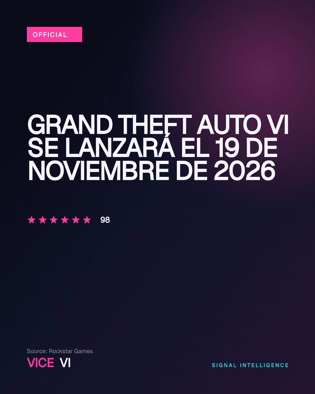 Grand Theft Auto VI se lanzará el 19 de noviembre de 2026 — visual editorial de VICE VI