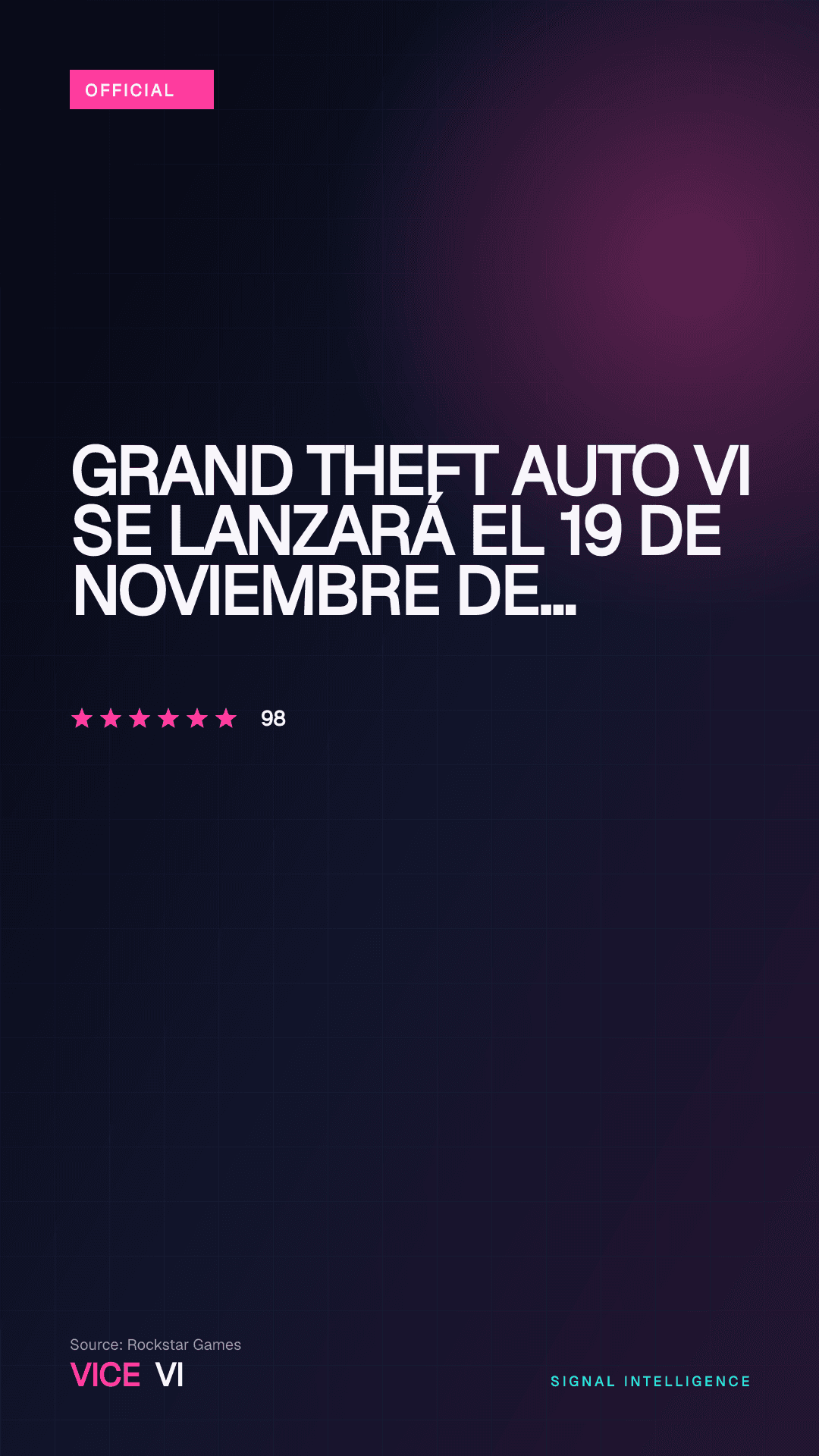 Grand Theft Auto VI se lanzará el 19 de noviembre de 2026 — visual editorial de VICE VI