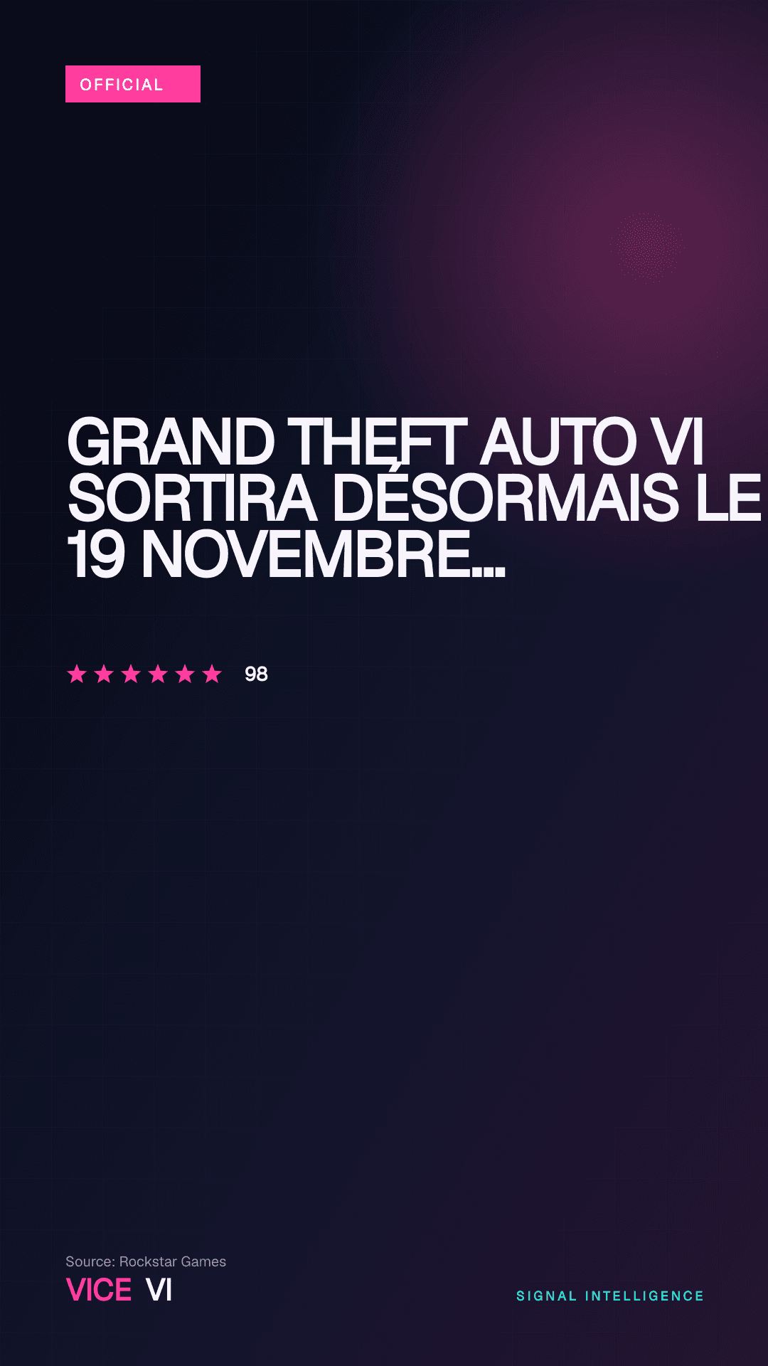 Grand Theft Auto VI sortira désormais le 19 novembre 2026 — visuel éditorial VICE VI