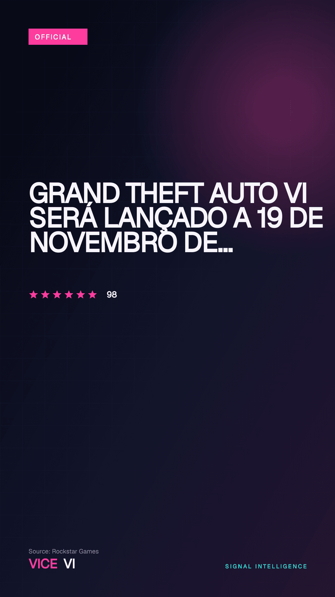 Grand Theft Auto VI será lançado a 19 de novembro de 2026 — visual editorial VICE VI