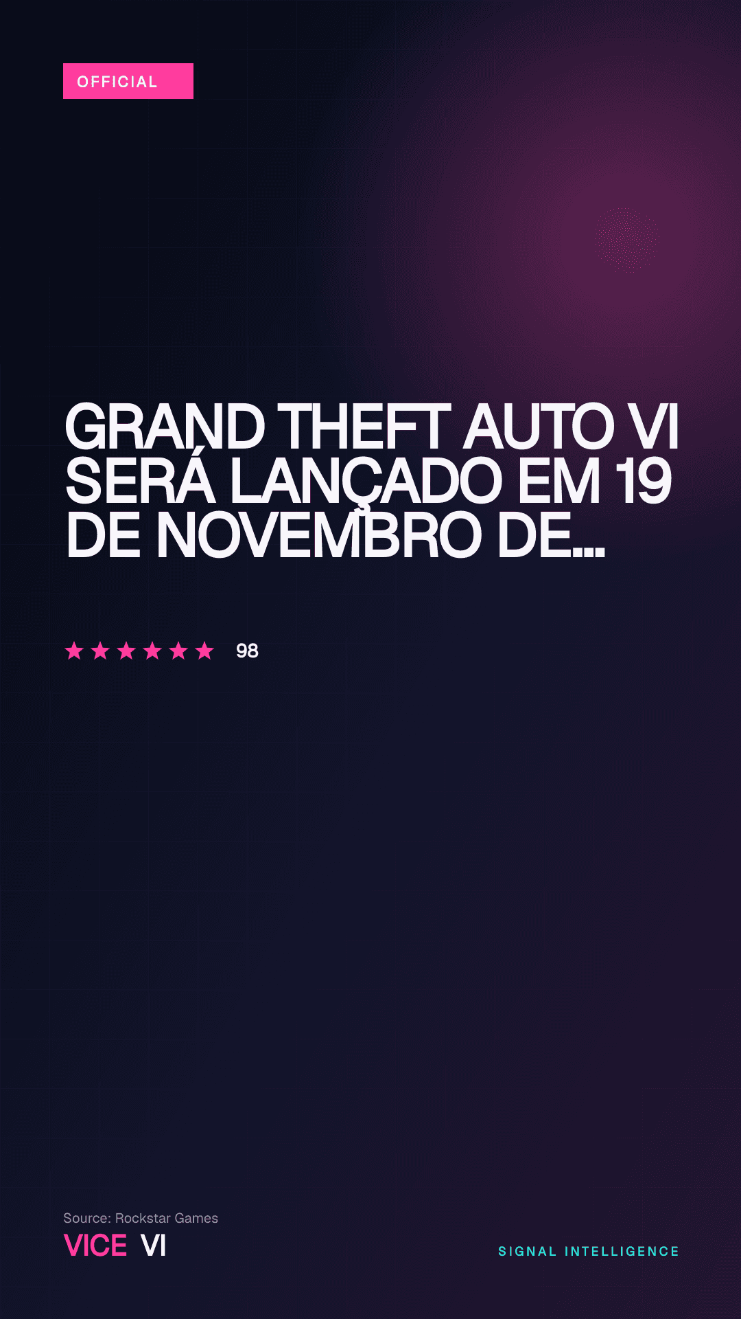 Grand Theft Auto VI será lançado em 19 de novembro de 2026 — visual editorial da VICE VI